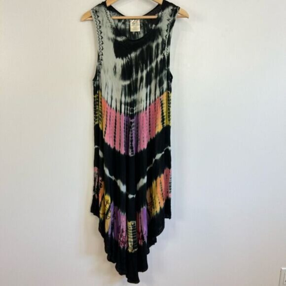 Vintage Sahiba Tie Dye Boho Hippie Kaftan Black Pink Floral Embroidered Dress S - Picture 9 of 11